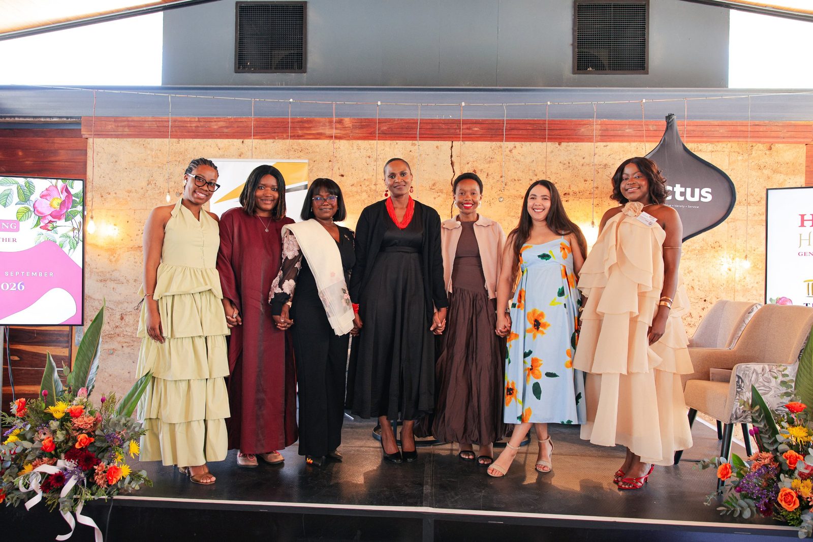 Elize Angula on stage with fellow speakers at the Women&rsquo;s Gathering
